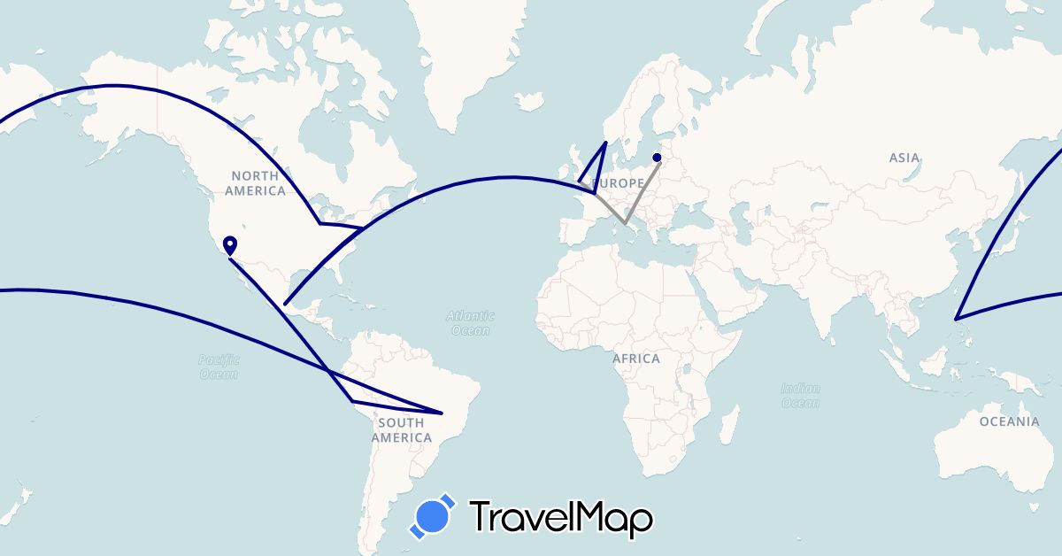 TravelMap itinerary: driving, plane in Brazil, France, United Kingdom, Italy, Lithuania, Mexico, Norway, Peru, Philippines, United States (Asia, Europe, North America, South America)